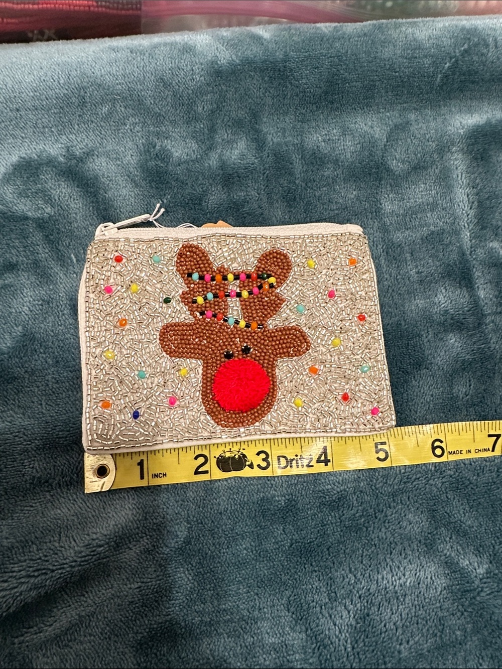 Beaded Reindeer Zippered Coin Purse - Neutral with Red Accent-New